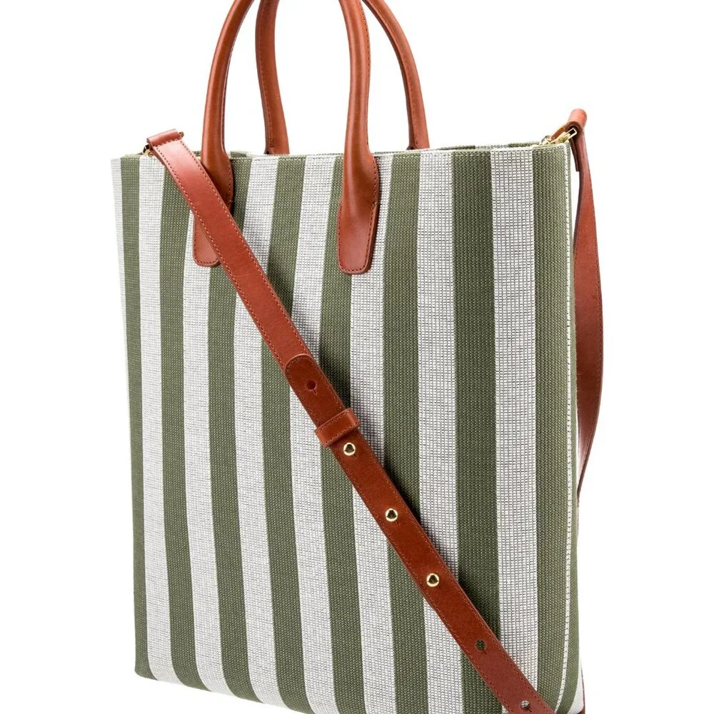 MANSUR GAVRIEL North Tote Moss/White Striped Handbag Box & Dust Bags Orig. $585 - Picture 2 of 11